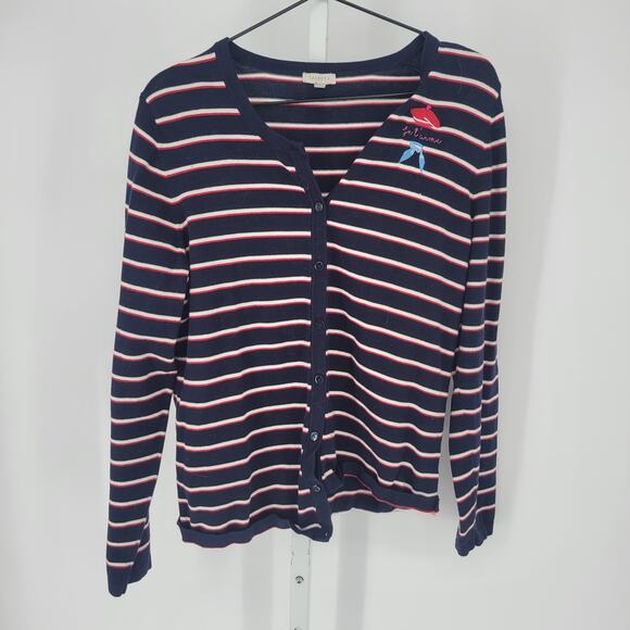 Talbots Womens Sz M Button Up Cotton Sweater Jet'aime Paris France Striped - Picture 1 of 4